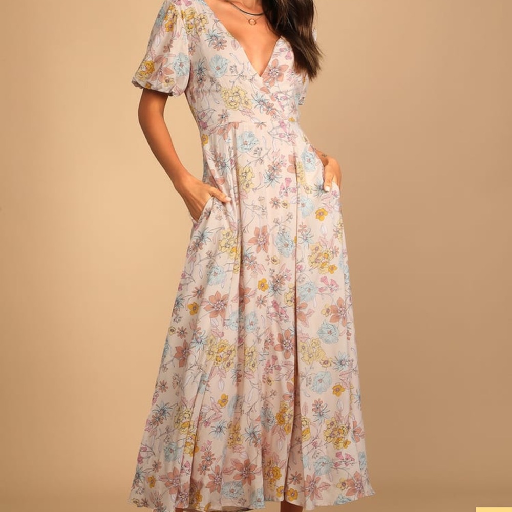 Lulu’s Flourishing Feelings Pink Floral Puff Sleeve Midi Dress
